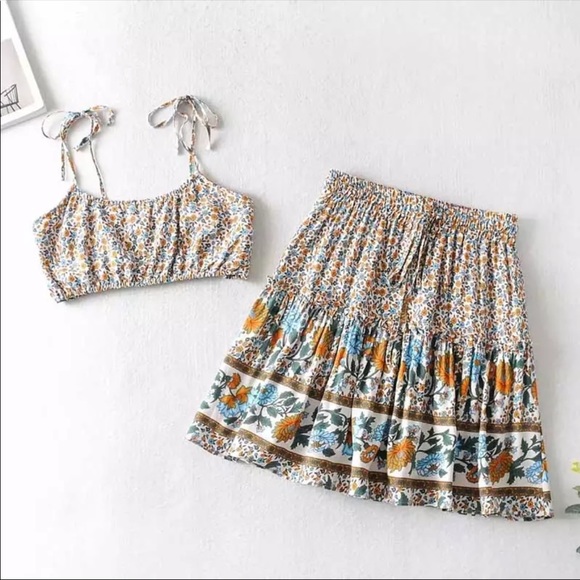 2 piece set boho gypsy floral print skirt crop top - Picture 5 of 10